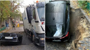 Incident grav pe o stradă din București: O mașină a fost complet înghițită de o groapă apărută în mijlocul străzii