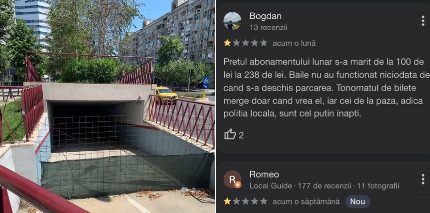 Imagine cu intrarea parcării subterane Decebal, unde cetățenii semnalează probleme legate de acces, siguranță și funcționalitate.